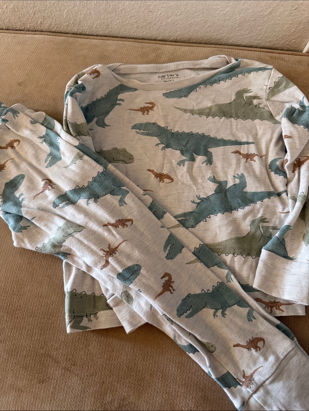 Boy’s Carter's Gray Dino Print Pajama Set with Green & Brown Dinosaurs 3T
